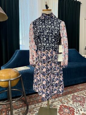 1901 Nordstrom Tie Neck Colorblock Mixed Floral Print Dress Size 8